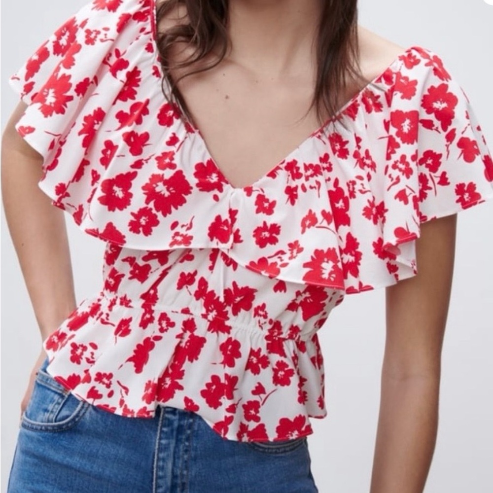 ZARA Floral Ruffle Red and White Women's Top Sz XS
